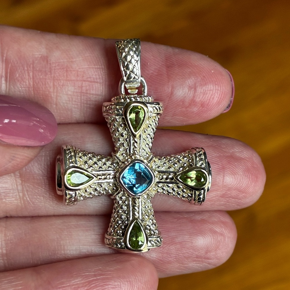 Judith Ripka Sterling Silver Cross Enhancer Aquamarine & Peridot Gemstones